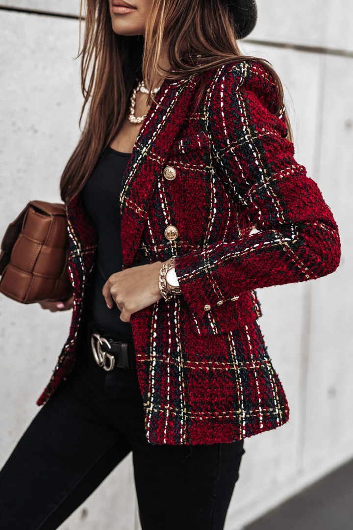 Stilla | Elegant Stripet ogternet Tøj, Patchwork, Boucle, Omslået Krave
