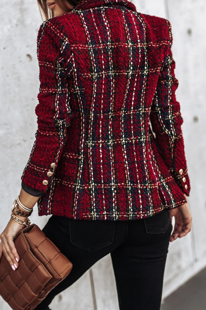 Stilla | Elegant Stripet ogternet Tøj, Patchwork, Boucle, Omslået Krave
