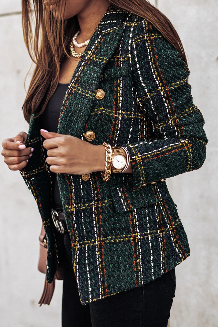 Stilla | Elegant Stripet ogternet Tøj, Patchwork, Boucle, Omslået Krave