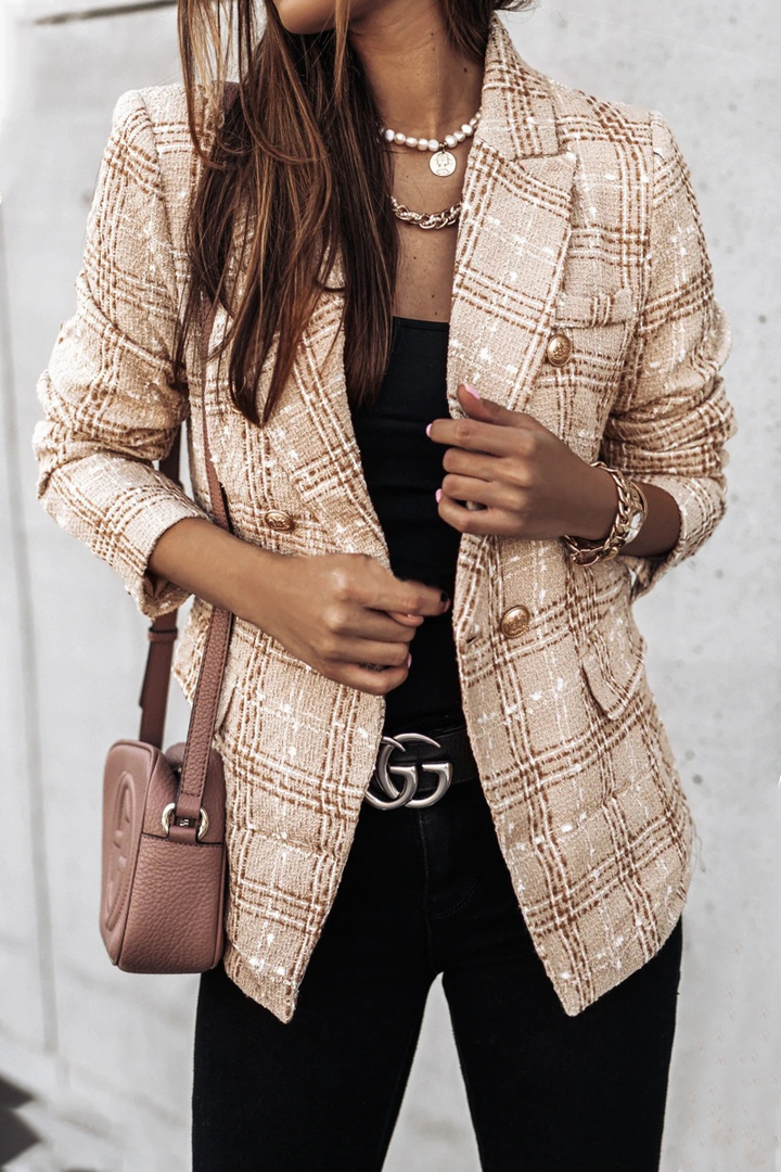 Stilla | Elegant Stripet ogternet Tøj, Patchwork, Boucle, Omslået Krave