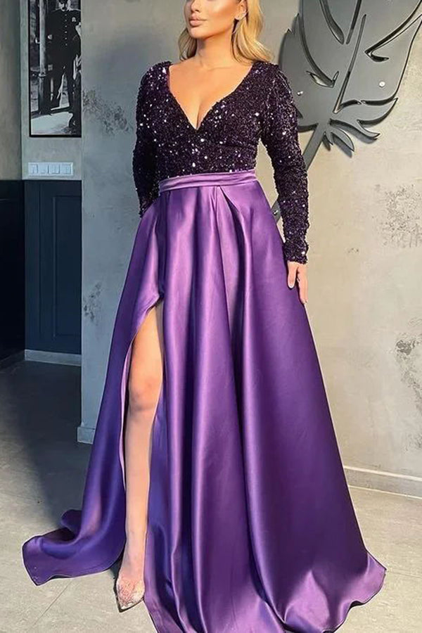 Stilla | Pragtfuld Langærmet V-hals Sequin Satin Festkjole