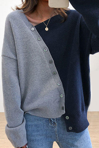 Stilla | Lækker Pullover Med Kontrasterende Patchwork Stræk og Skrå Krave