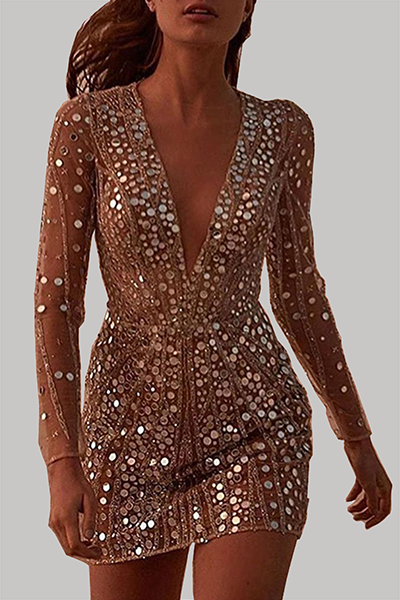 Stilla | Mode Elegant Patchwork Pailletter Gennemsigtig Mesh V-hals Blyantskørt Kjoler
