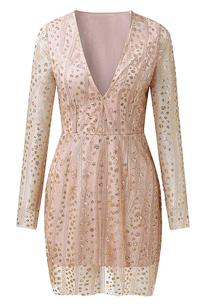 Stilla | Mode Elegant Patchwork Pailletter Gennemsigtig Mesh V-hals Blyantskørt Kjoler