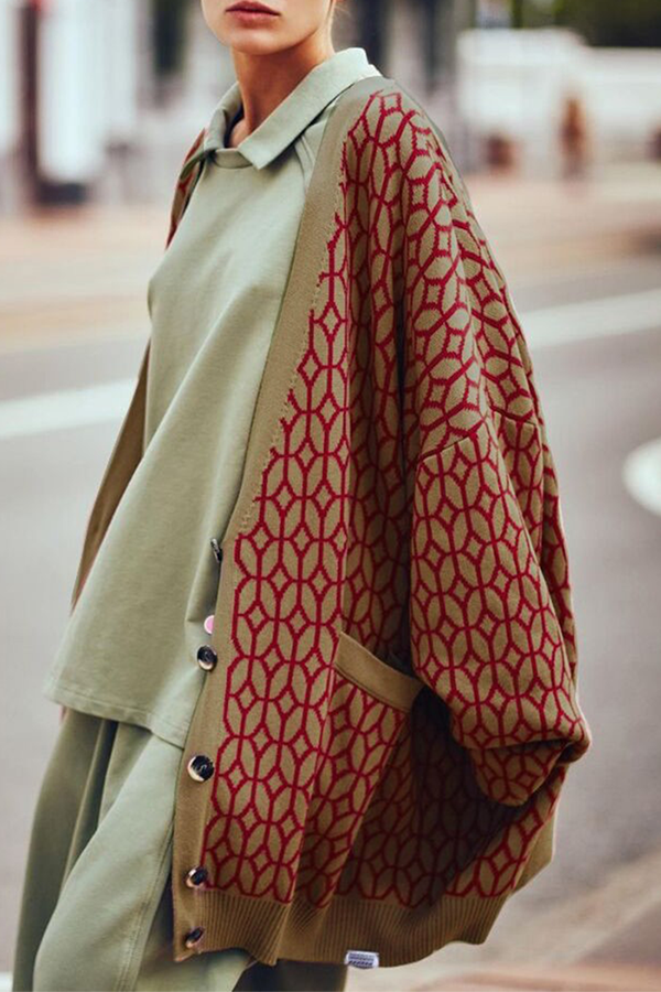 Stilla | Geometrisk Casual Mode Patchwork Sløjfer V-hals Ydertøj Fake Lomme Sweater