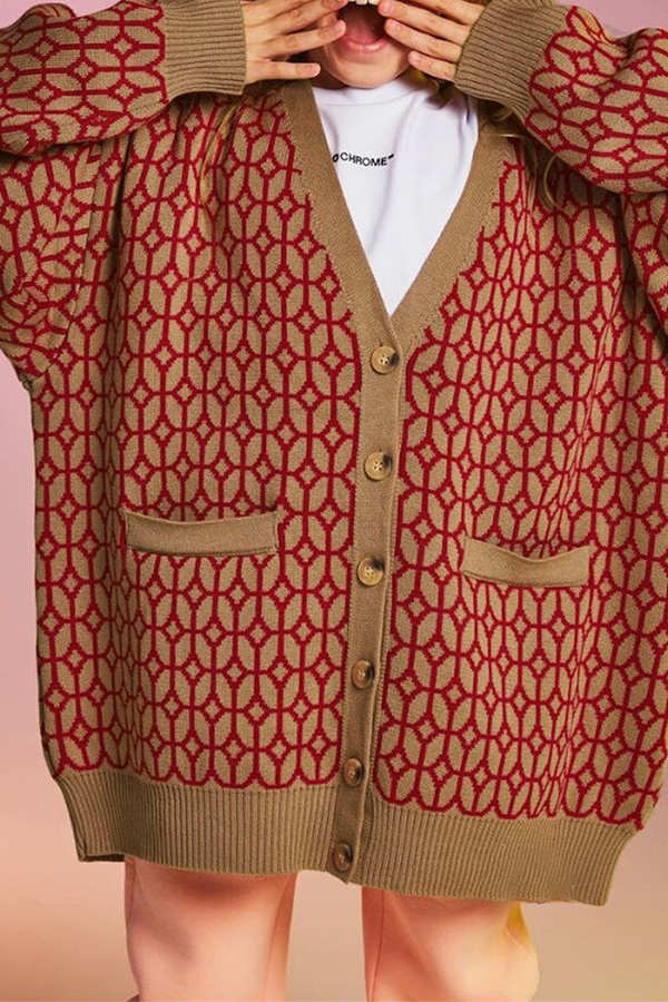 Stilla | Geometrisk Casual Mode Patchwork Sløjfer V-hals Ydertøj Fake Lomme Sweater