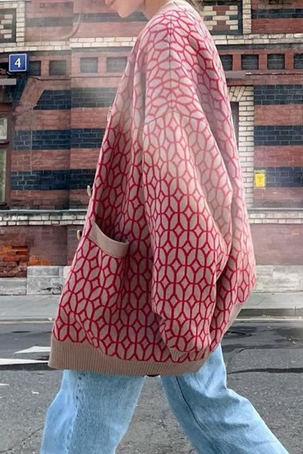 Stilla | Geometrisk Casual Mode Patchwork Sløjfer V-hals Ydertøj Fake Lomme Sweater