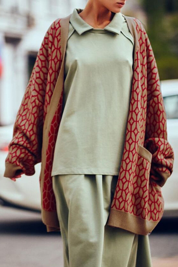 Stilla | Geometrisk Casual Mode Patchwork Sløjfer V-hals Ydertøj Fake Lomme Sweater