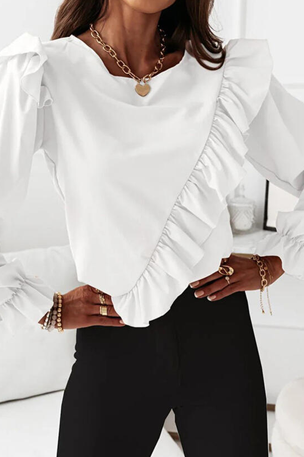 Stilla | Mode, Elegant, Ensfarvede Rundhalsshirts Med Flæser