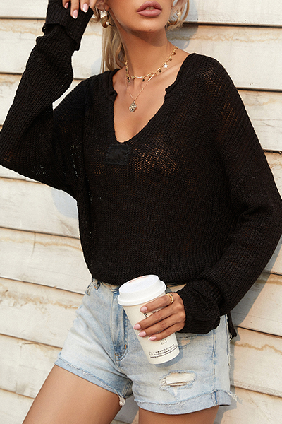 Stilla | Basic Casual Ensfarvet Sweater Med V-udskæring og Snøre