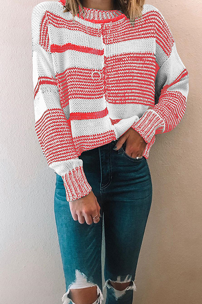 Stilla | Casual Rundhals Pullover med Kontrasterende og Stribet Slids