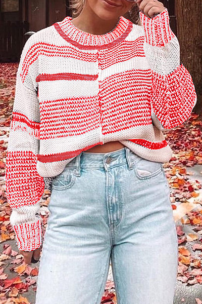 Stilla | Casual Rundhals Pullover med Kontrasterende og Stribet Slids
