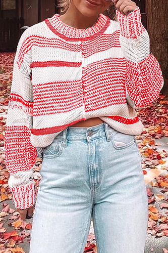 Stilla | Casual Rundhals Pullover med Kontrasterende og Stribet Slids