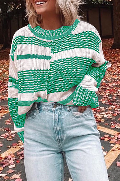 Stilla | Casual Rundhals Pullover med Kontrasterende og Stribet Slids