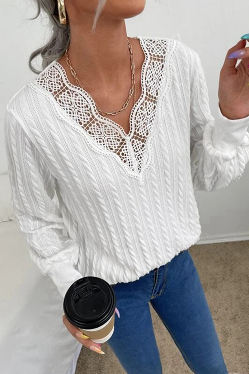 Stilla | Afslappet Elegant Solid Lace Split Joint V-hals Top Trøje