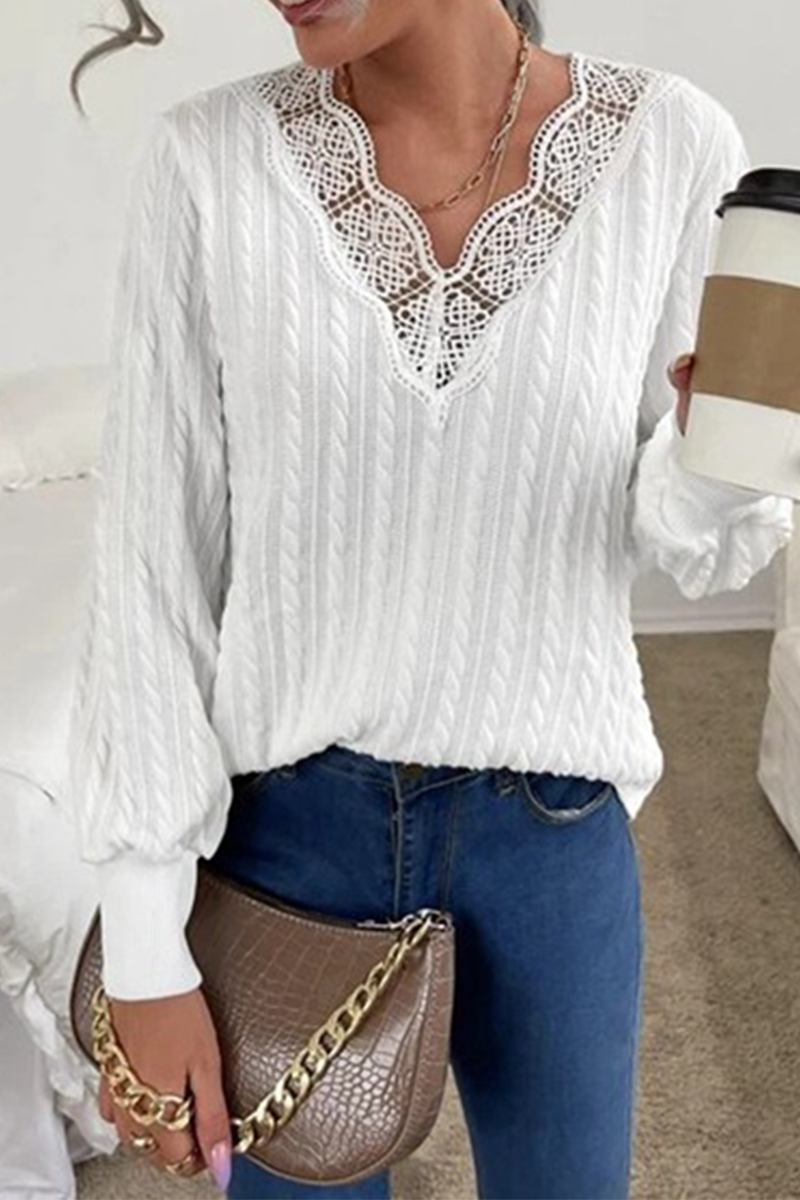 Stilla | Afslappet Elegant Solid Lace Split Joint V-hals Top Trøje