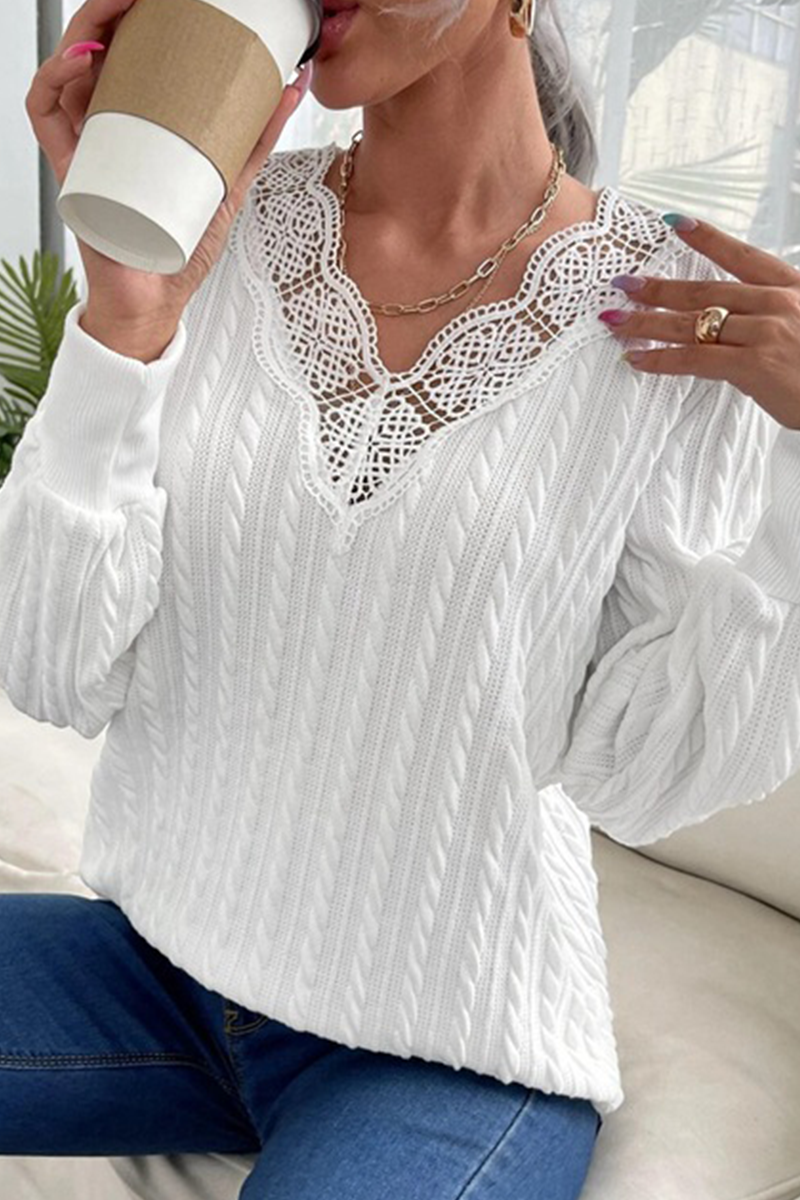 Stilla | Afslappet Elegant Solid Lace Split Joint V-hals Top Trøje