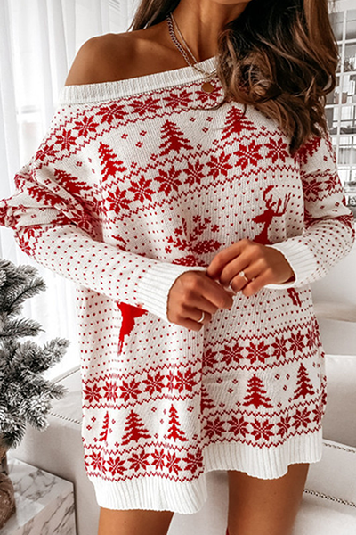 Stilla | Casual Wapiti Snefnug Juletræ Trykt Patchwork Kontrast O-Hals Kjoler Pullover