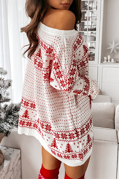 Stilla | Casual Wapiti Snefnug Juletræ Trykt Patchwork Kontrast O-Hals Kjoler Pullover