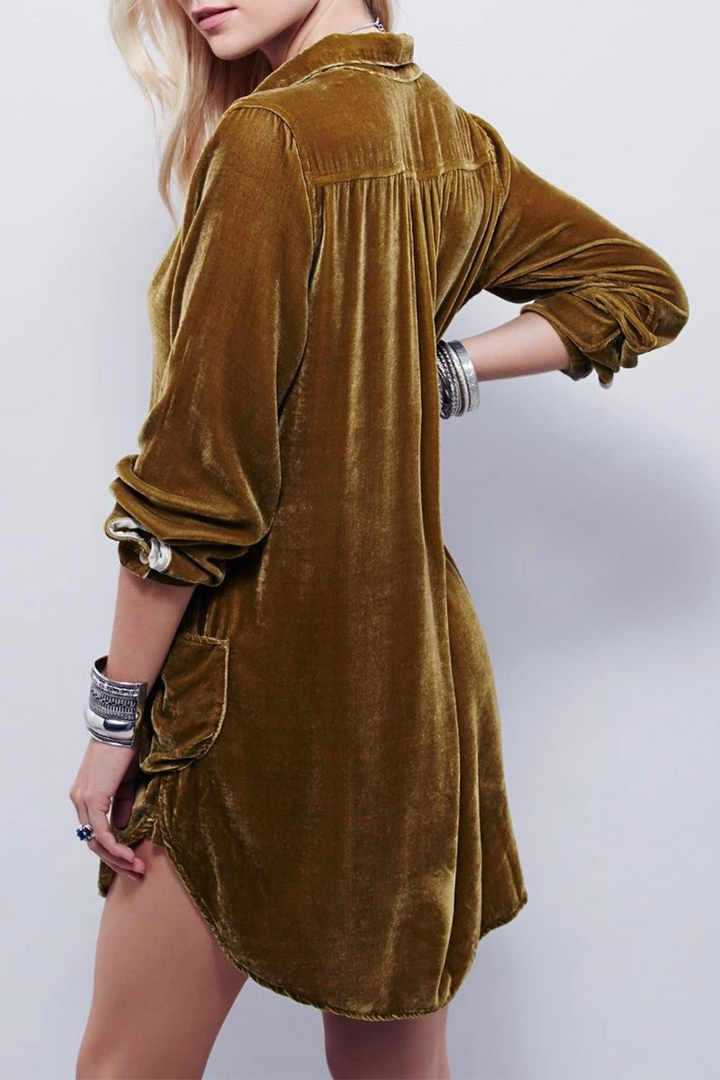 Stilla | Fashion Afslappet Solid Split Joint Pocket Turndown Collar Skjorte Kjole Kjoler