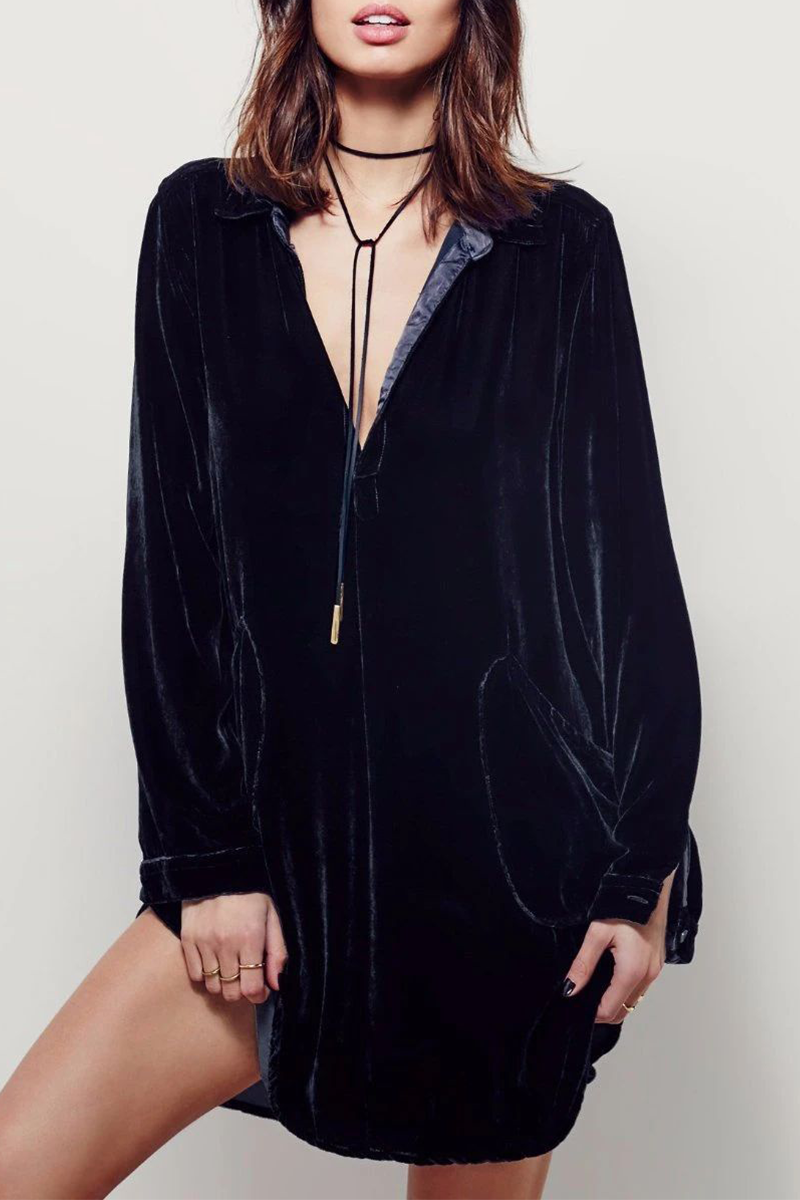 Stilla | Fashion Afslappet Solid Split Joint Pocket Turndown Collar Skjorte Kjole Kjoler