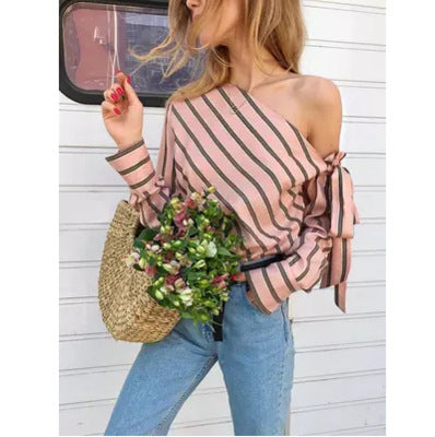 Dame Off-Shoulder Stribetop med Bindebånd Stilla