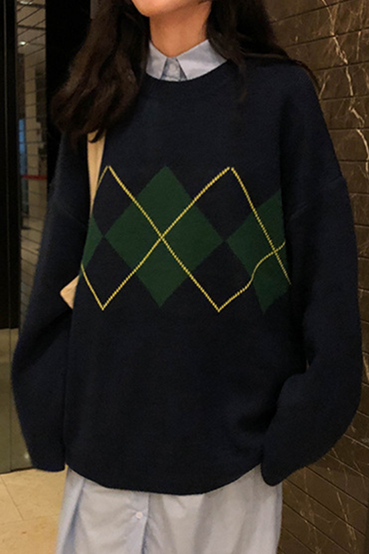 Stilla | Casual Striktrøje med Geometrisk Patchwork Kontrast og Rund Halsudskæring