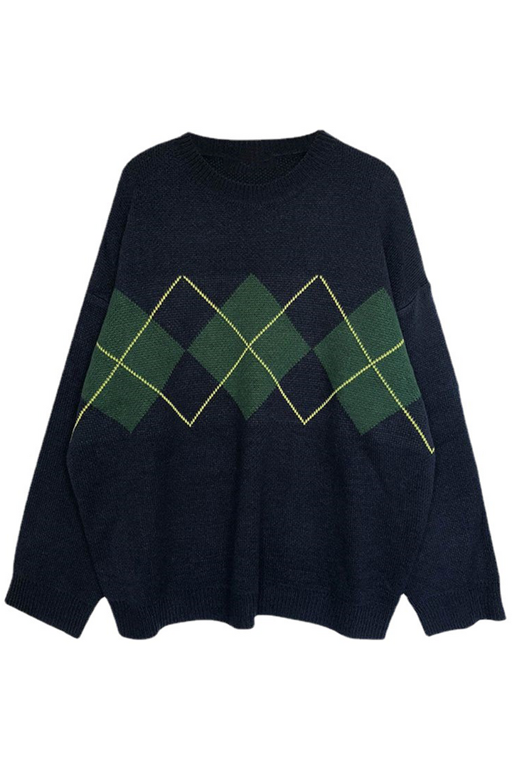 Stilla | Casual Striktrøje med Geometrisk Patchwork Kontrast og Rund Halsudskæring