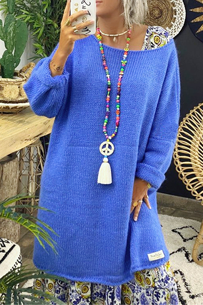 Stilla | Pullover Patchwork Uni Løs Med Slids og Rund Halsudskæring