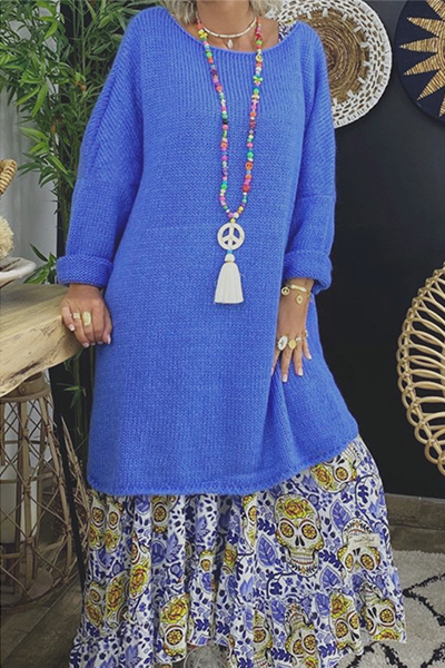 Stilla | Pullover Patchwork Uni Løs Med Slids og Rund Halsudskæring
