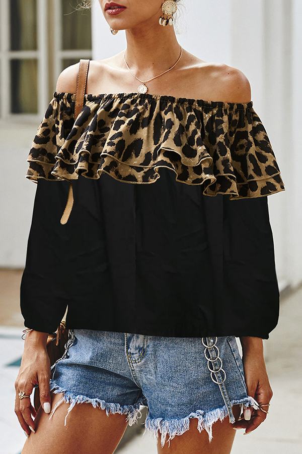 Stilla | Modetrend Afslappet Leopard Split Joint Flounce Off the Shoulder Toppe