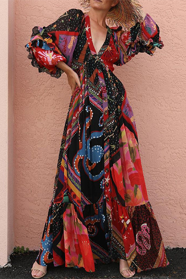Stilla | Bohemian Patchwork Spænde Flounce V-hals Kjoler