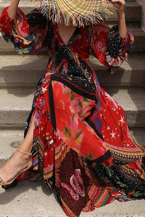 Stilla | Bohemian Patchwork Spænde Flounce V-hals Kjoler