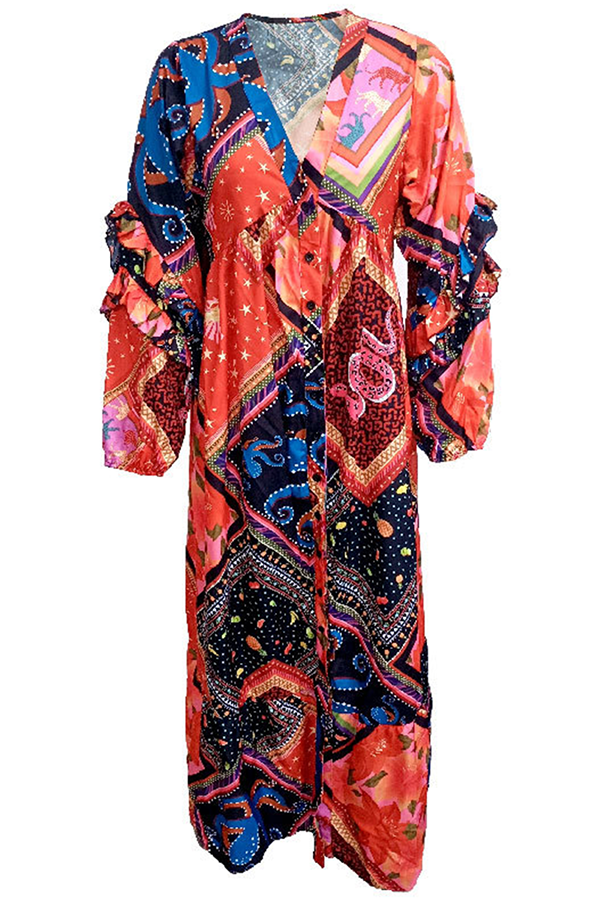 Stilla | Bohemian Patchwork Spænde Flounce V-hals Kjoler