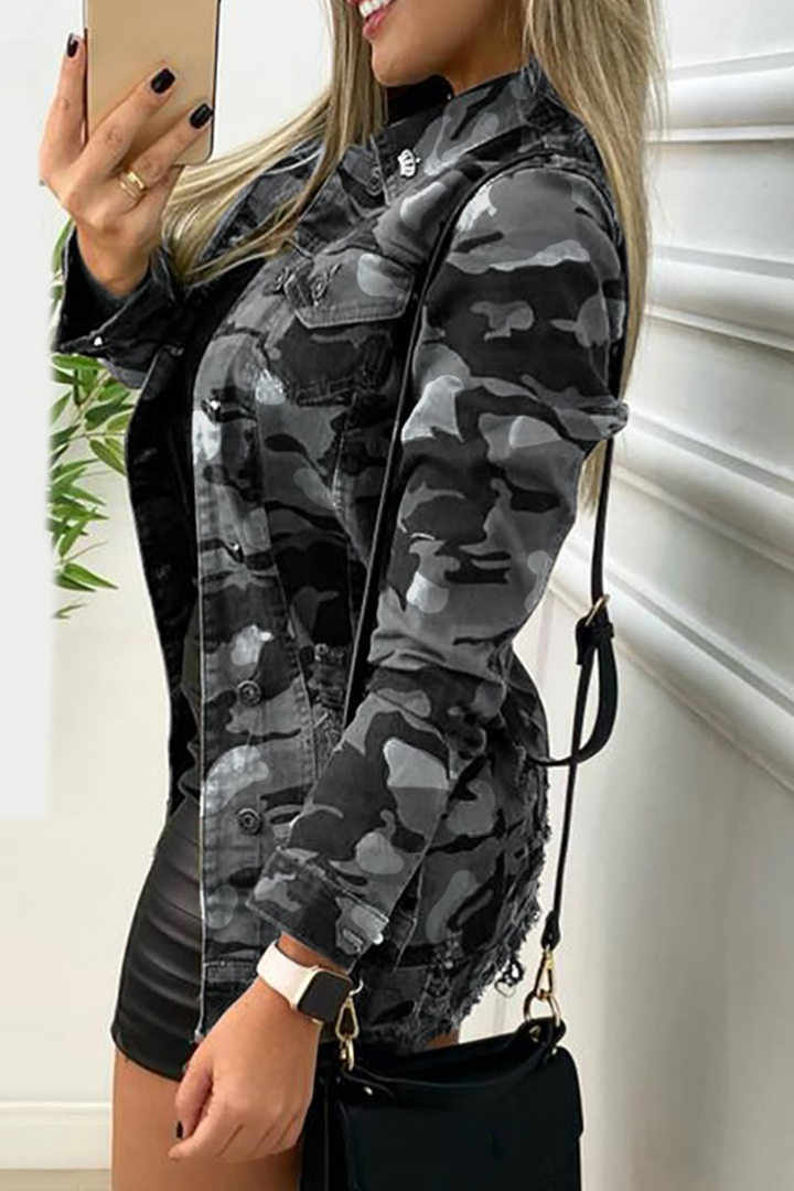 Stilla | Mode Denim-jakke med camouflage-mønster, patchwork, nedfoldet krave, lange ærmer, regular