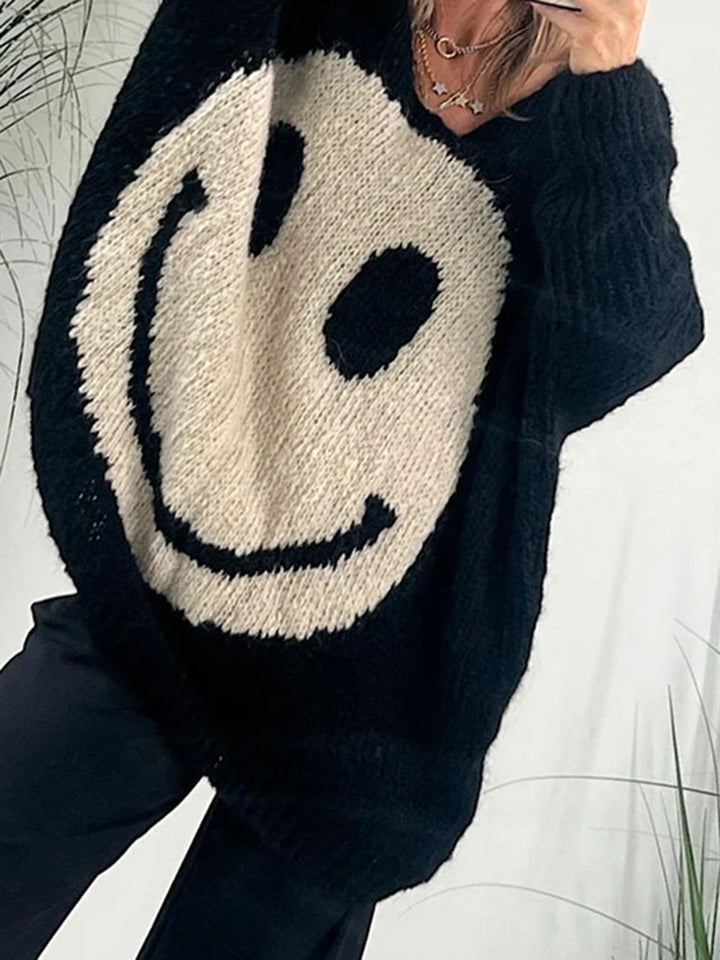 Stilla | Pullover med lange ærmer med et smilende ansigt og V-udskæring