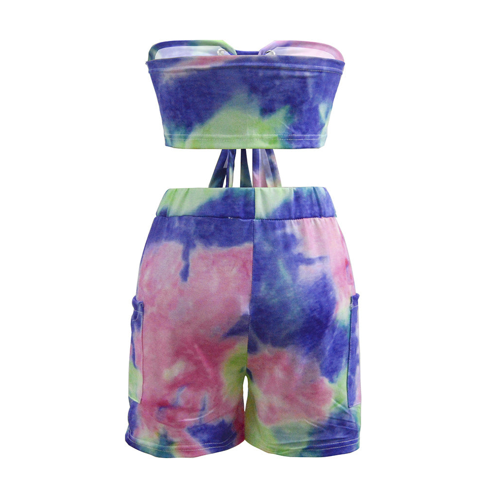 Kvinders crop top og shorts sæt med snøring og legende design