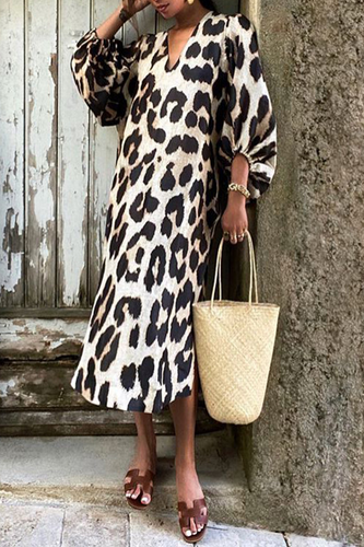 Stilla | Afslappet Leopard Patchwork V-hals Lige Kjoler