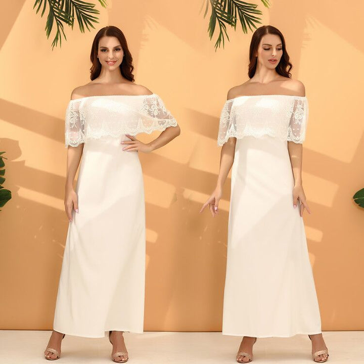 Kvinders maxikjole med off-the-shoulder design og delikate blonde detaljer