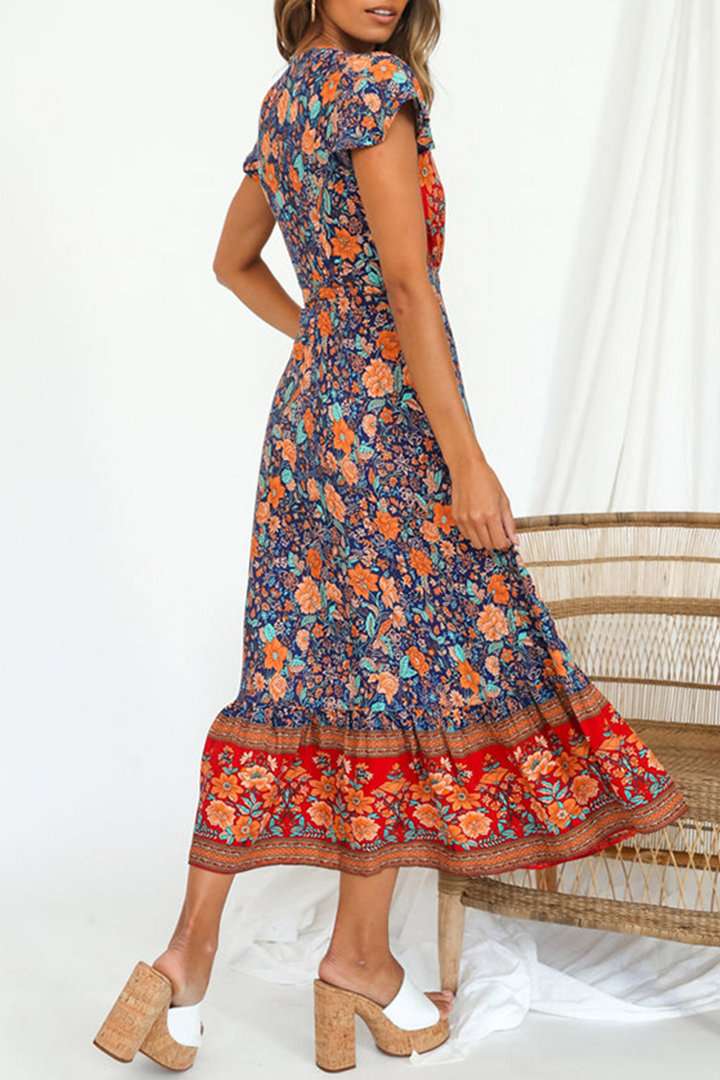 Stilla | Kjole med Print, Talje Skirt og Elegant V-hals Look