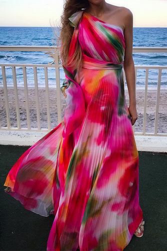 Stilla | Mode Patchwork Tie Dye En Skulder Talje Nederdel Kjoler