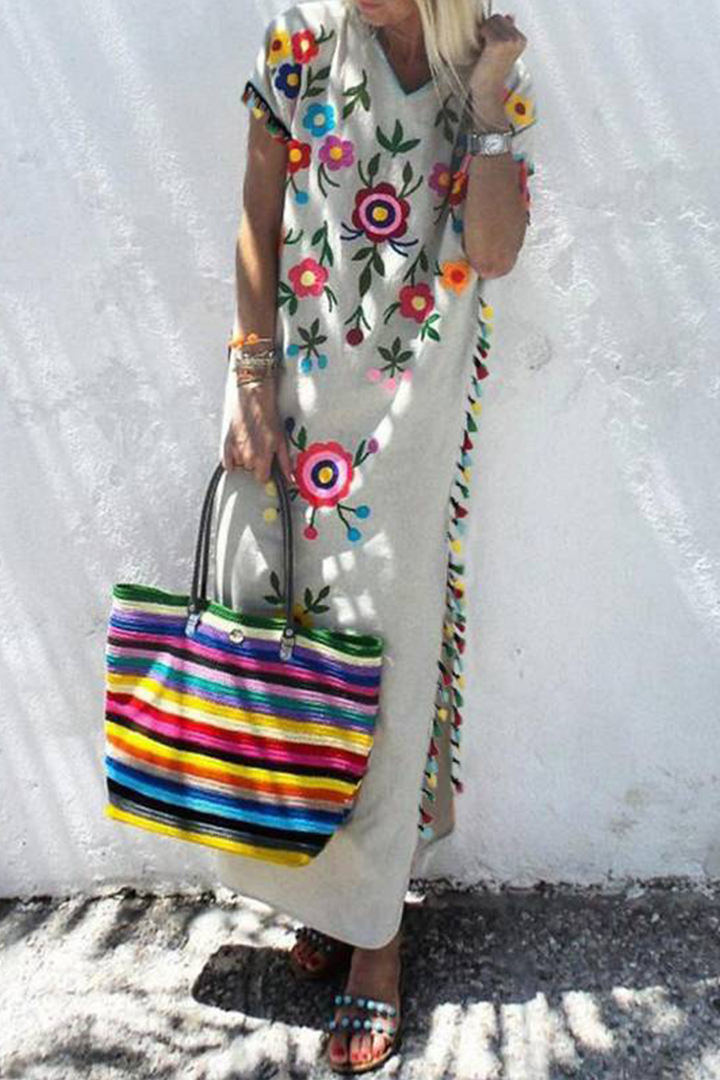 Stilla | Fashion Print Frynse V-hals Lige Kjoler