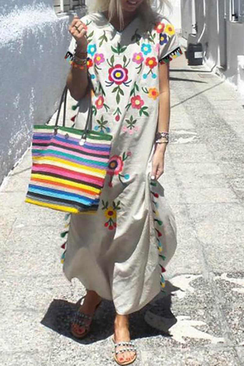 Stilla | Fashion Print Frynse V-hals Lige Kjoler
