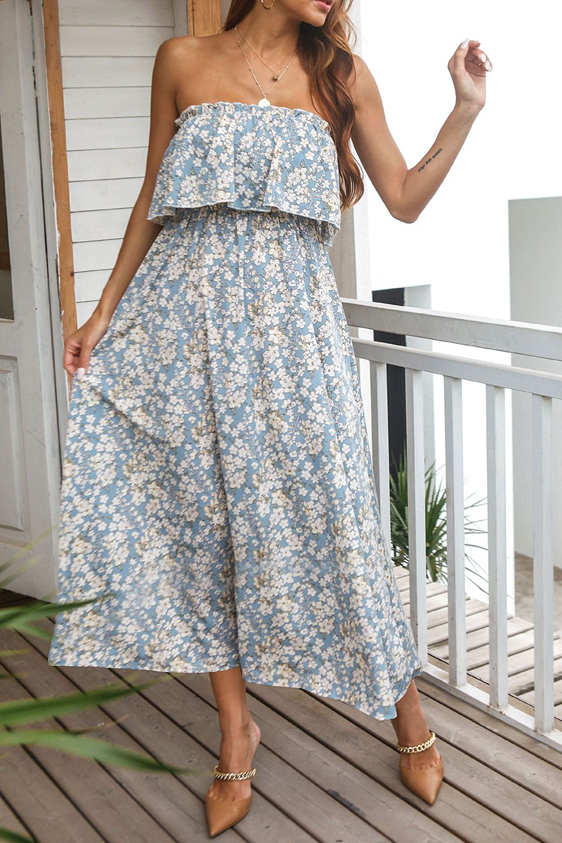 Stilla | Afslappet Print Split Joint Strapless Cake Skirt Kjoler