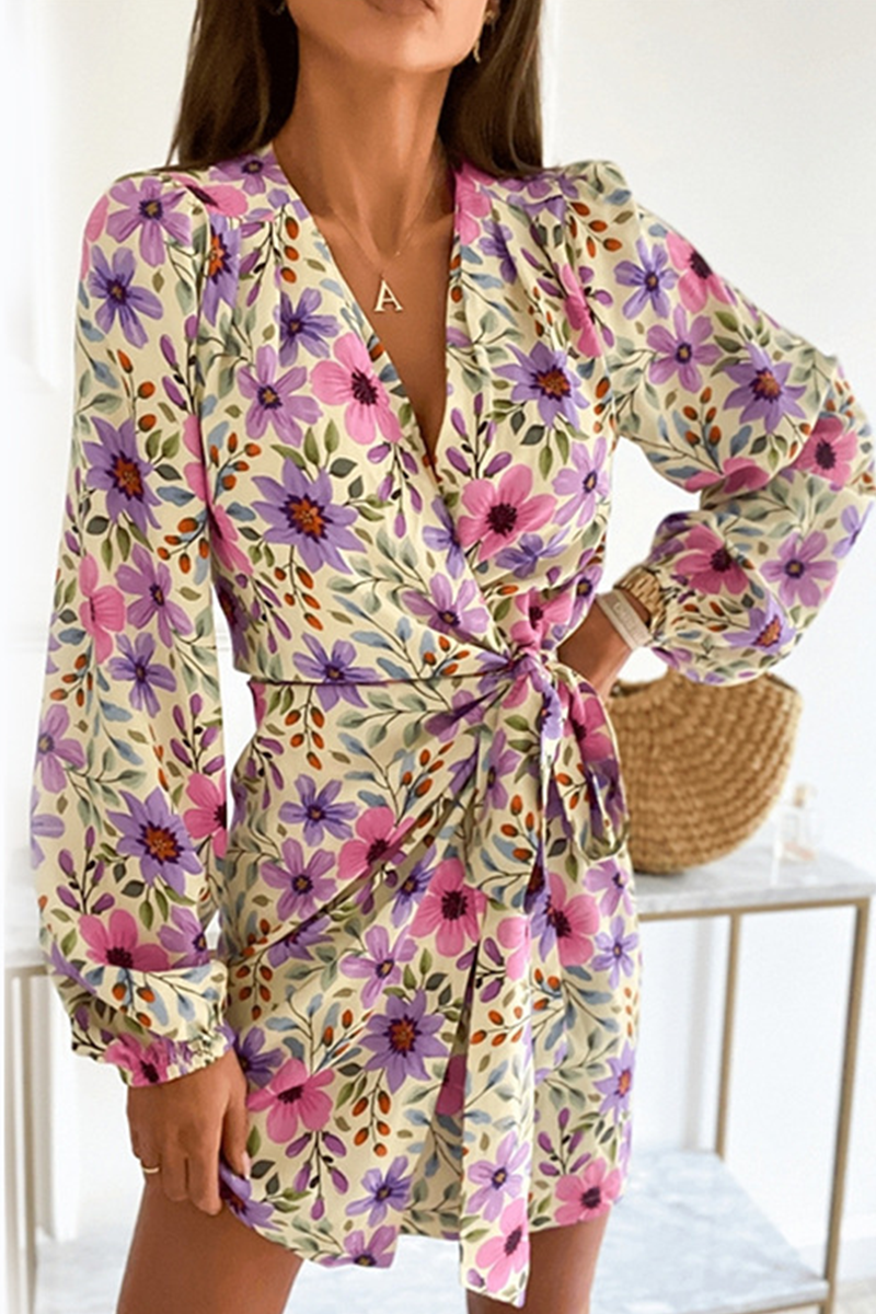 Stilla | Print Skirt Kjole med Talje og V-hals Detalje