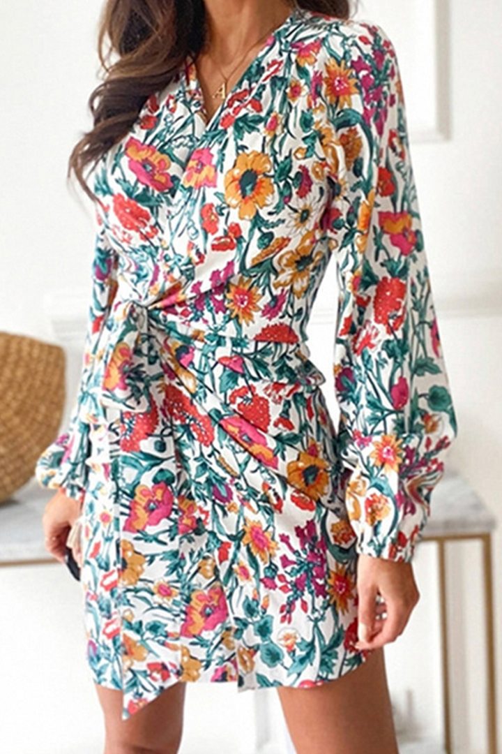 Stilla | Print Skirt Kjole med Talje og V-hals Detalje