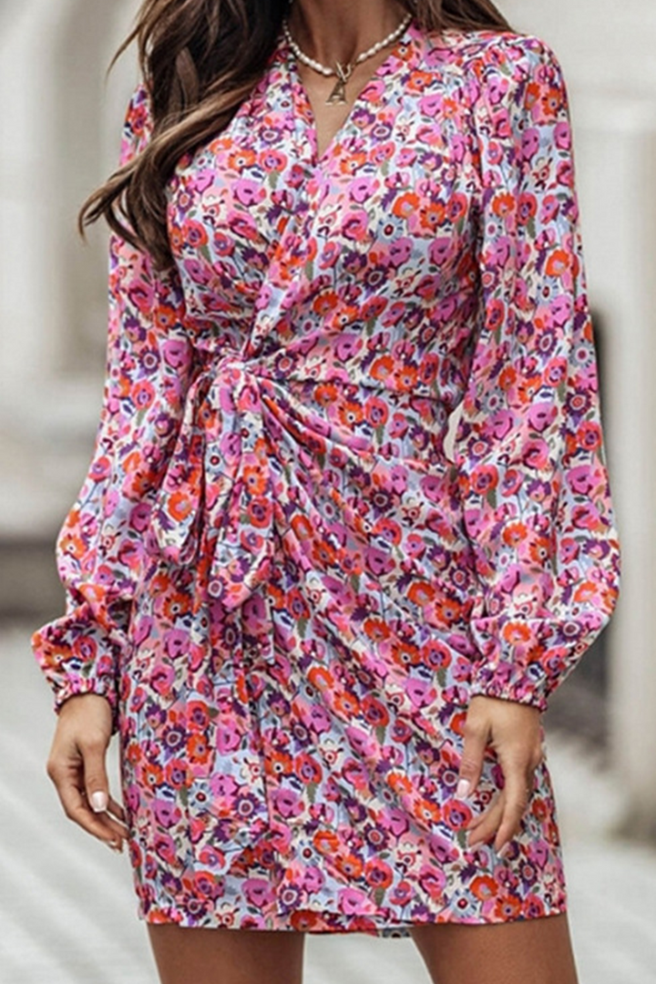 Stilla | Print Skirt Kjole med Talje og V-hals Detalje