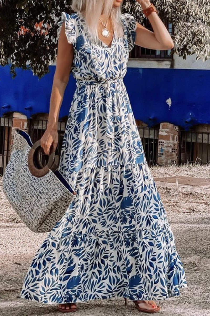 Stilla | Kage Nederdel Kjole med Flounce og Print V-hals
