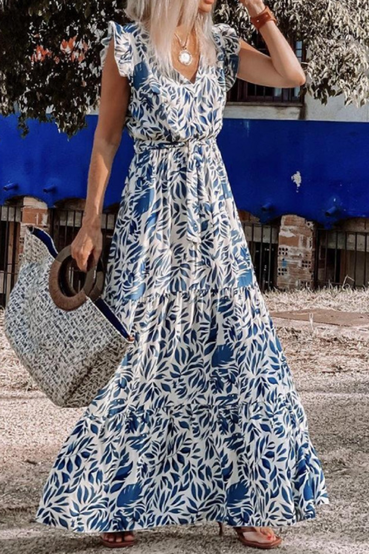 Stilla | Kage Nederdel Kjole med Flounce og Print V-hals