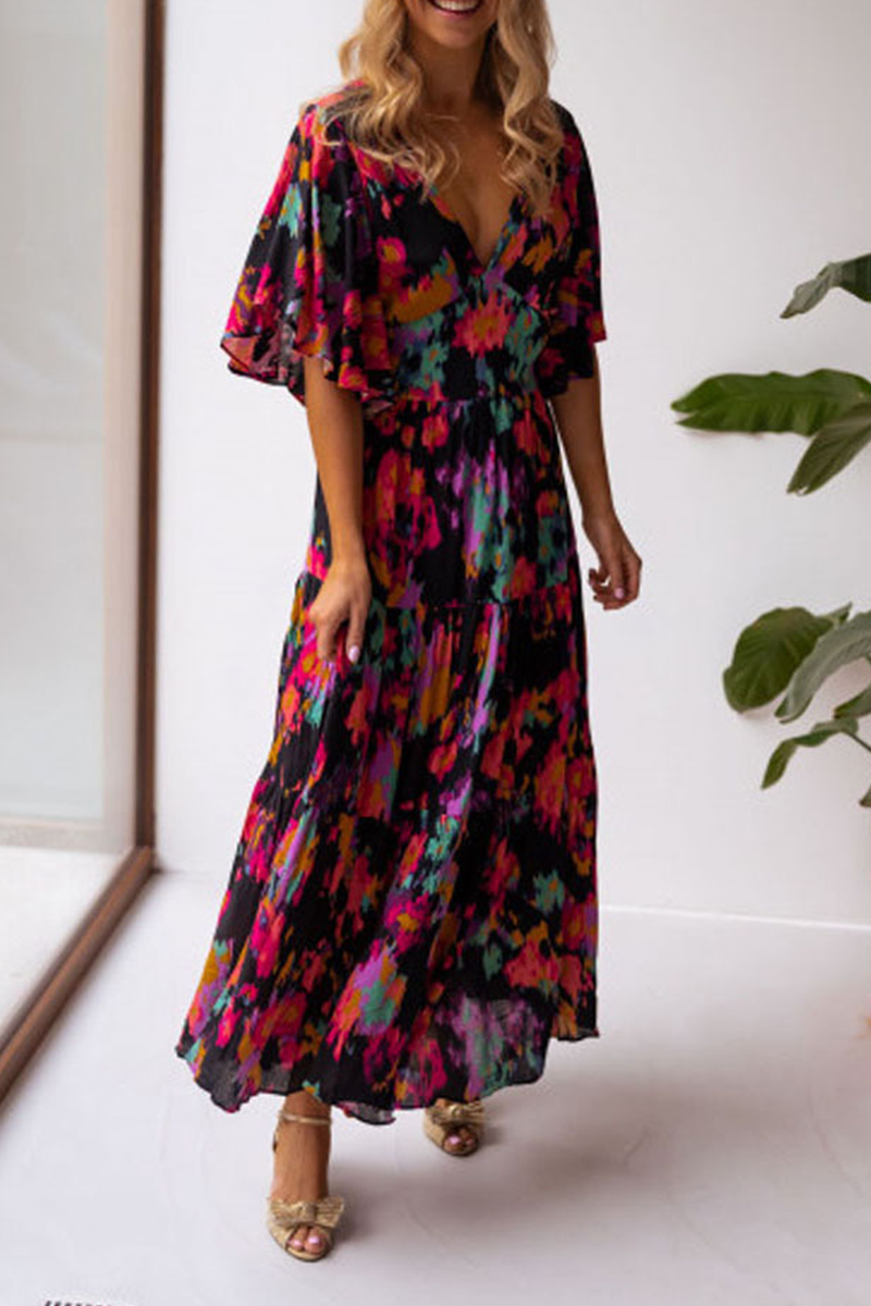 Stilla | Afslappet Print Flounce V-hals Kage Nederdel Kjoler